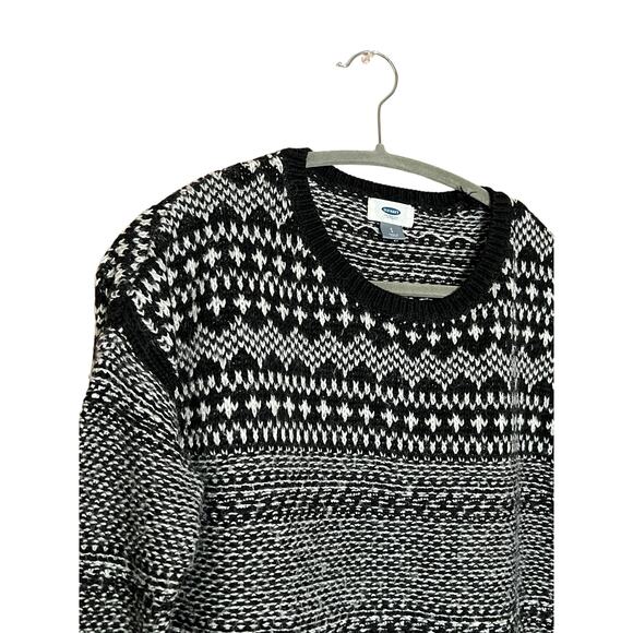 old navy women black white knit cotton jacquard sweater sz small crew neck - Picture 3 of 6